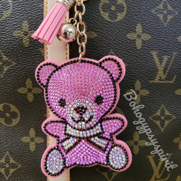 Bling Teddy Bear Crystal Rhinestone Keychain Bag Charm With Pink Tassel - Picture 1 of 12